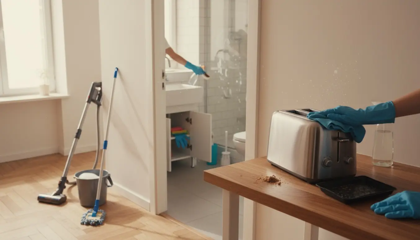 Rengøringsscene før indflytning med handsker, klude, støvsuger og afkalkning af faucet i køkken og badeværelse.