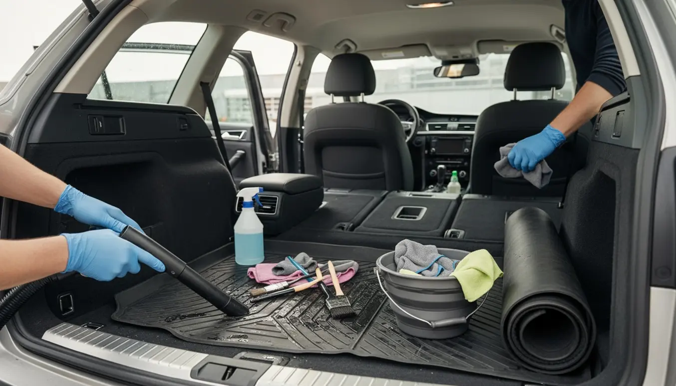 Åben stationcar set indefra mens hænder rengør sæder, lister og bagagerum med støvsuger, børste og mikrofiberklud.