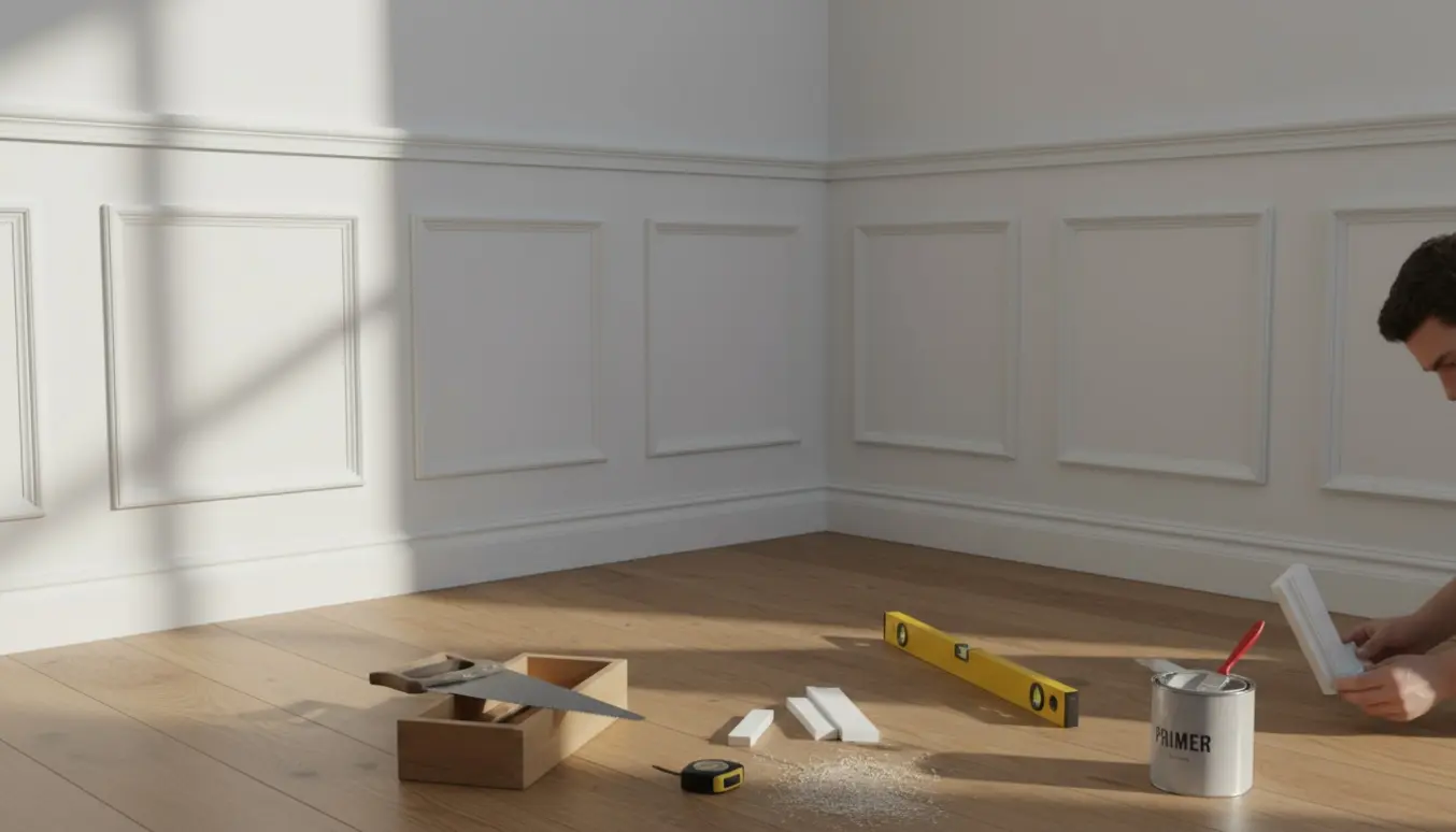 Hjørne med høje hvide vægpaneler under montering og værktøj på trægulvet.