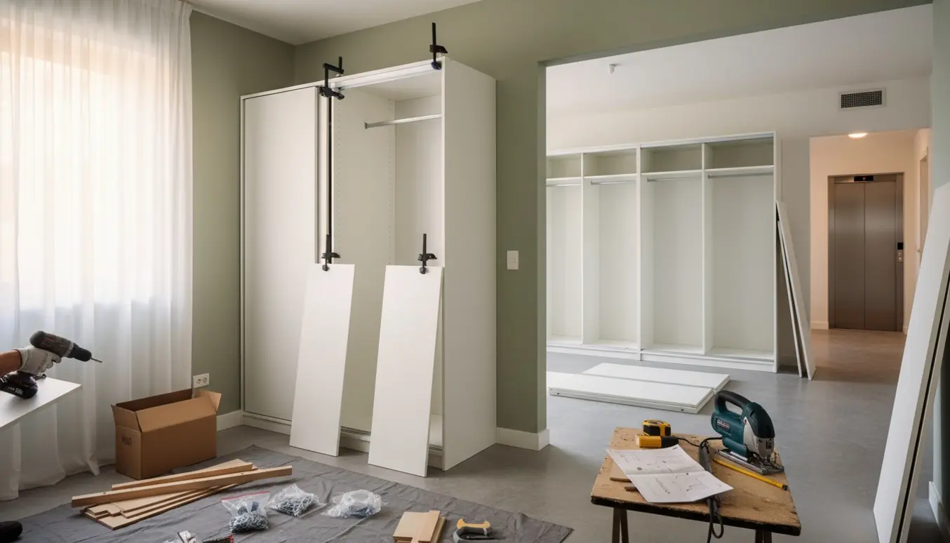 Montage i lejlighed: opsætning af to skabe side om side og samling af flatpack garderobeskabe som rumdeler.