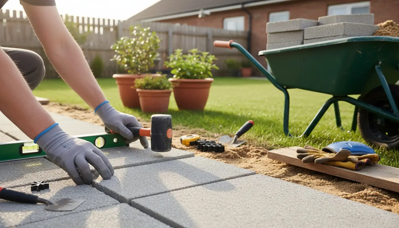 Nærbillede af lettere flisearbejde i en have med handskerklædte hænder, gummihammer og vaterpas.