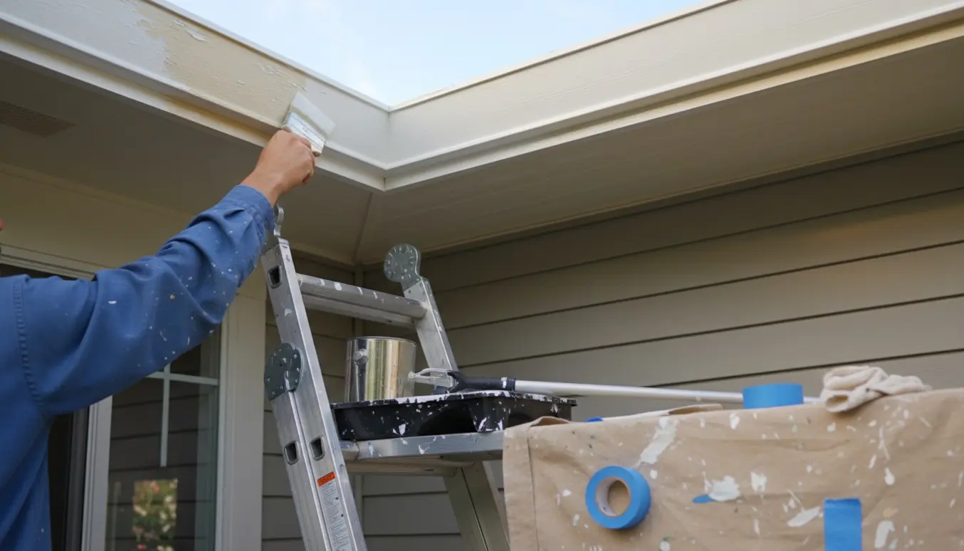 En maler på stige påfører ny hvid maling på sternbrædder og underside af tagudhæng på et mindre hus.