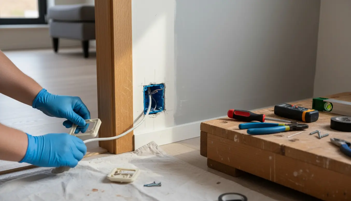 Nærbillede af hænder, der fører en stikkontakt og ledning ind i en ny vægboks ved en dør, med værktøj og pudsdust omkring.