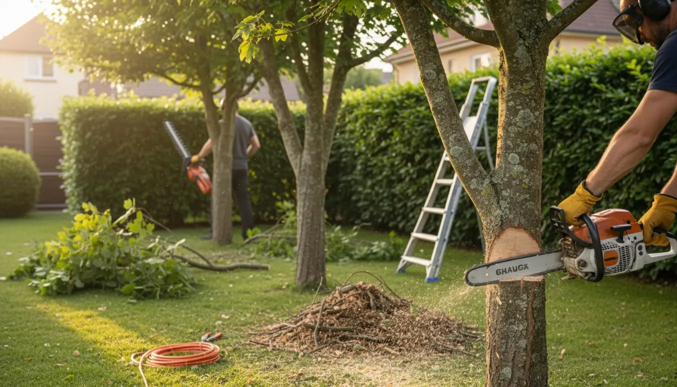 Tre træer beskæres og en hæk trimmes med motorsav og kraftig hækkeklipper i en solrig have.