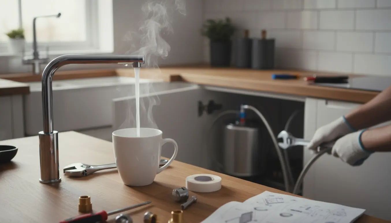 Installering af en kogende-vand-hane ved køkkenvask med åben underskab og værktøj synligt.