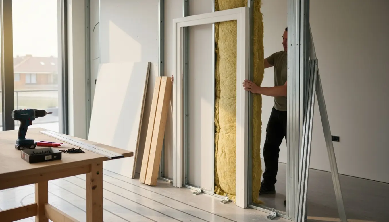 To personer monterer en isoleret gipsvæg med døråbning på første sal, med gipsplader, 70 mm isolering og værktøj i fokus.