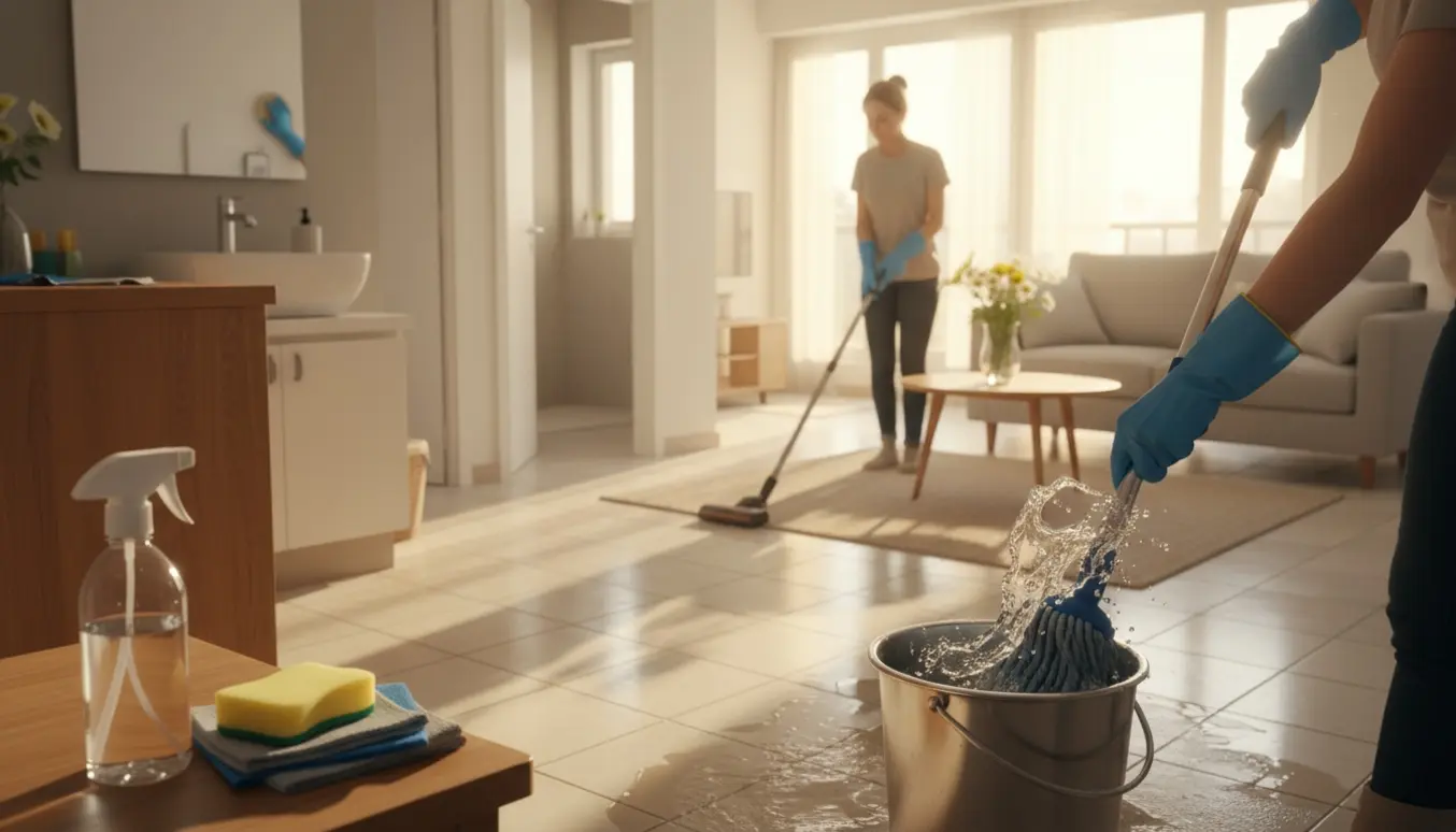 Lyst, åbent hjem med rengøringsredskaber og en person, der gør rent uden synligt ansigt.