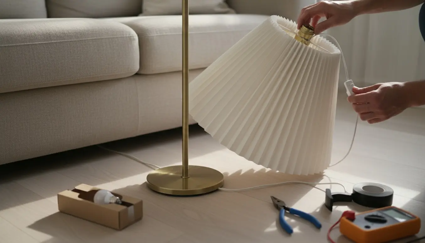 Hænder reparerer en Le Klint-gulvlampe med fjernet pære og værktøj på et lyst, skandinavisk gulv.