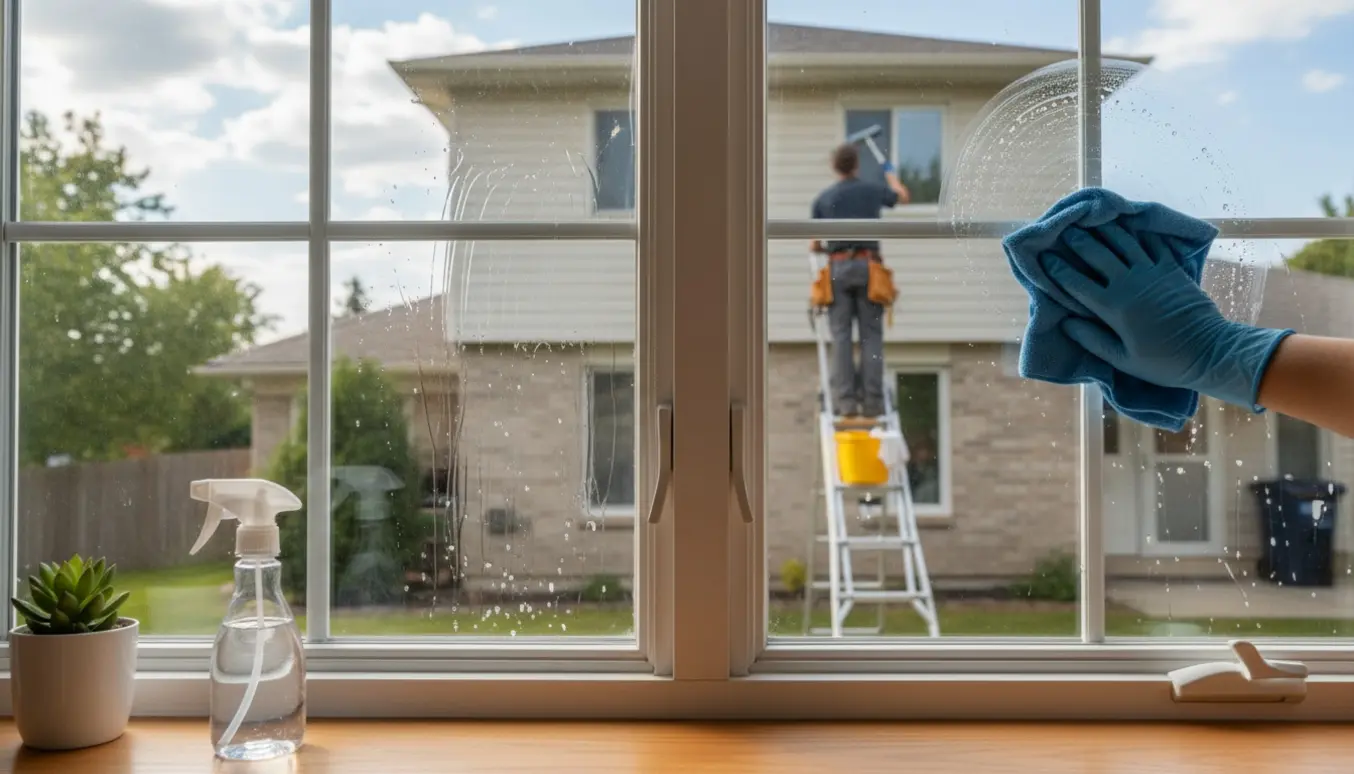 Hænder pudser indvendigt vindue mens en person uden ansigt på en stige pudser udvendigt med squeegee.
