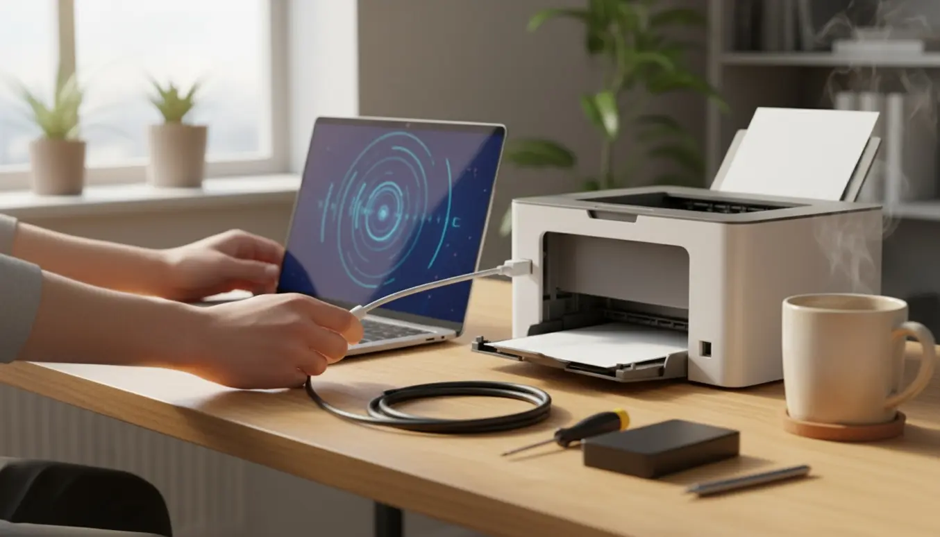 Hænder tilslutter kabler mellem en pc og en printer på et lyst hjemme-kontorbord.