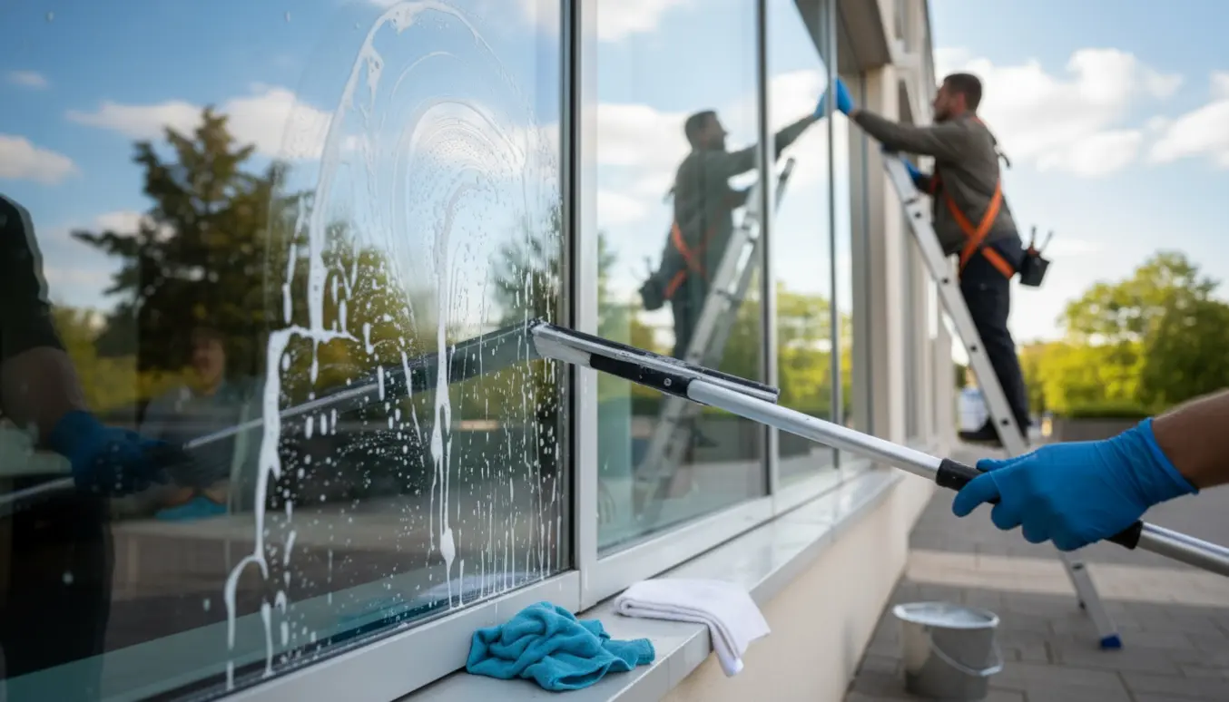 Vinduespudser på stige pudser ruder udvendigt, mens indvendige ruder rengøres med skraber og spand i blødt dagslys.