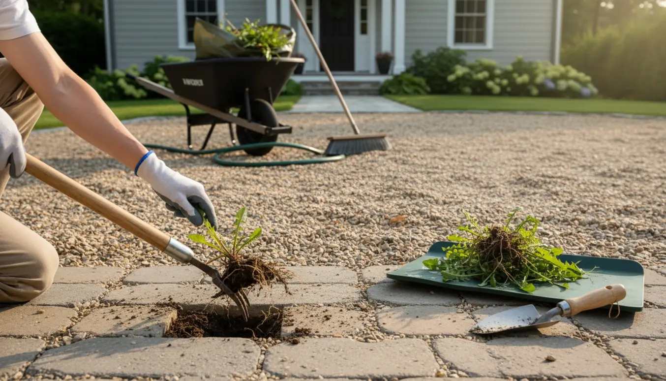 Nærbillede af ukrudtsfjernelse i en grusindkørsel ved huset med handsker og haveredskaber.