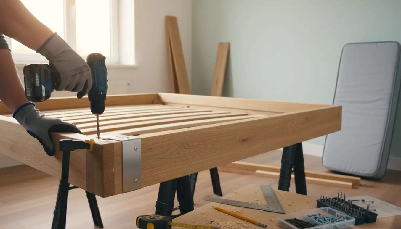 Nærbillede af et træsengestel under opbygning med hænder, boremaskine og værktøj i et lyst rum.