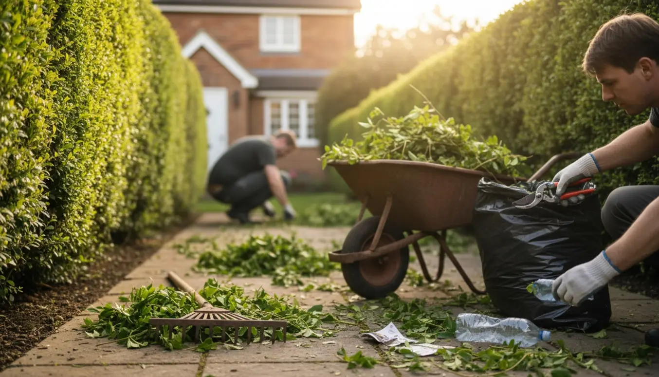 Opklippet hæk ved en bolig med handsker, trillebør fyldt med afklip og en hånd der samler affald op.