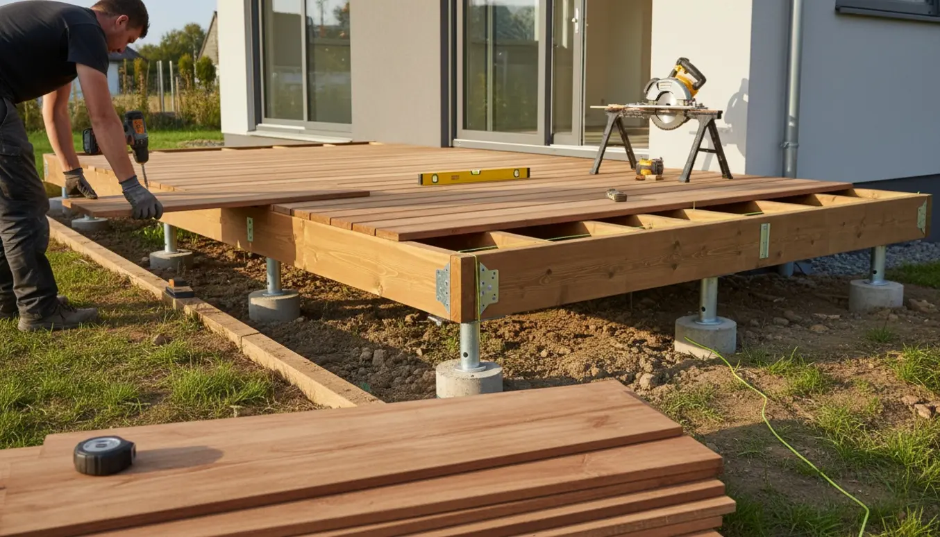 Delvist færdigbygget træterrasse foran et hus på en grund med skråninger på begge sider.