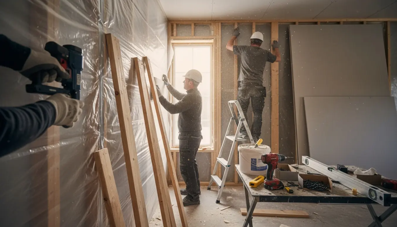 To håndværkere monterer dampspærre og forskalning i et rum med stabler af gipsplader og værktøj.