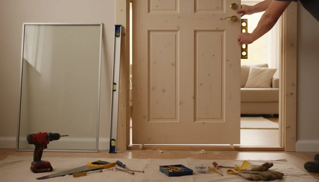 Delvist monteret hængslet dør i en lys stue efter fjernet skydedør med værktøj og hænder i arbejde.