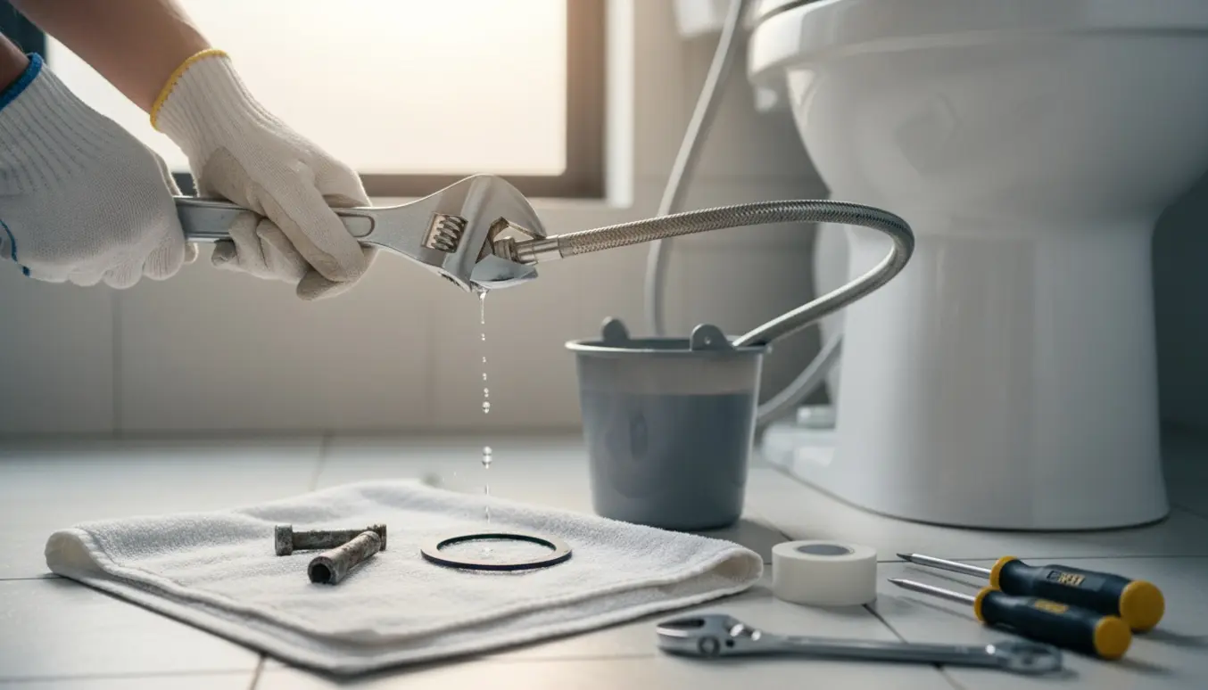 Nærbillede af hænder, der afmonterer et bidet på toilettet med skruenøgle, spand og håndklæde.