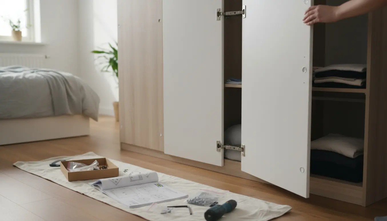 Halvfærdigt tre-dørs Kleppstad-garderobeskab under samling med værktøj og manual i et lyst soveværelse.