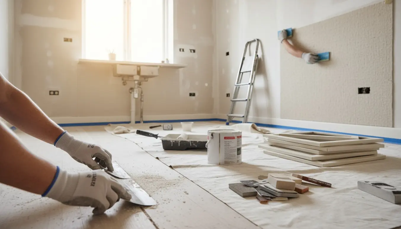 Hænder spartler og påfører filt og primer på væg i et tomt køkken klar til nyt køkken.