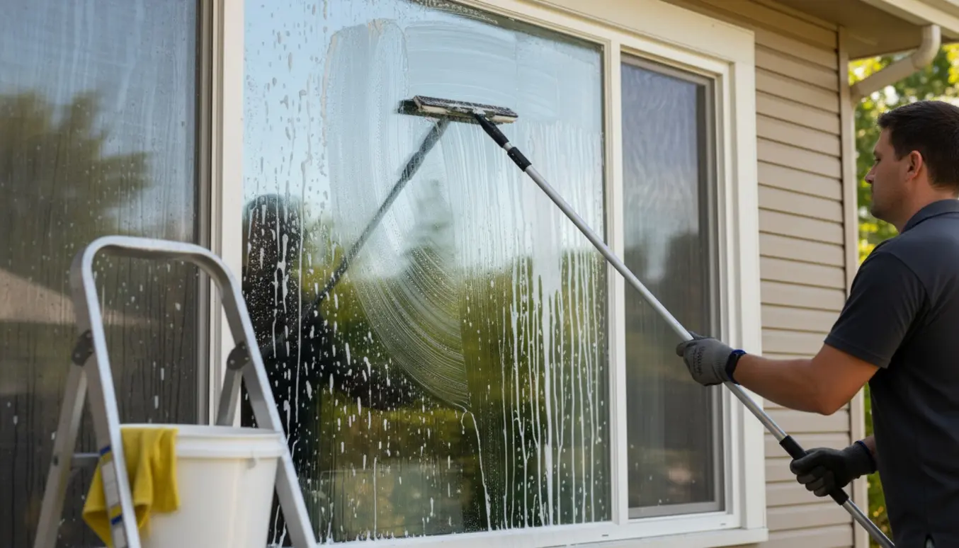 Et udvendigt vindue pudses med en forlængerskraber og spand, med sæbeskum og vanddråber på glasset, uden at ansigtet er synligt.