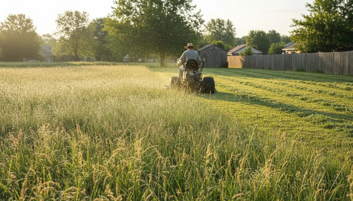 En person slår en stor græsplæne med halv meters højt græs med en kraftig markslåmaskine og efterlader brede striber nyslået græs.