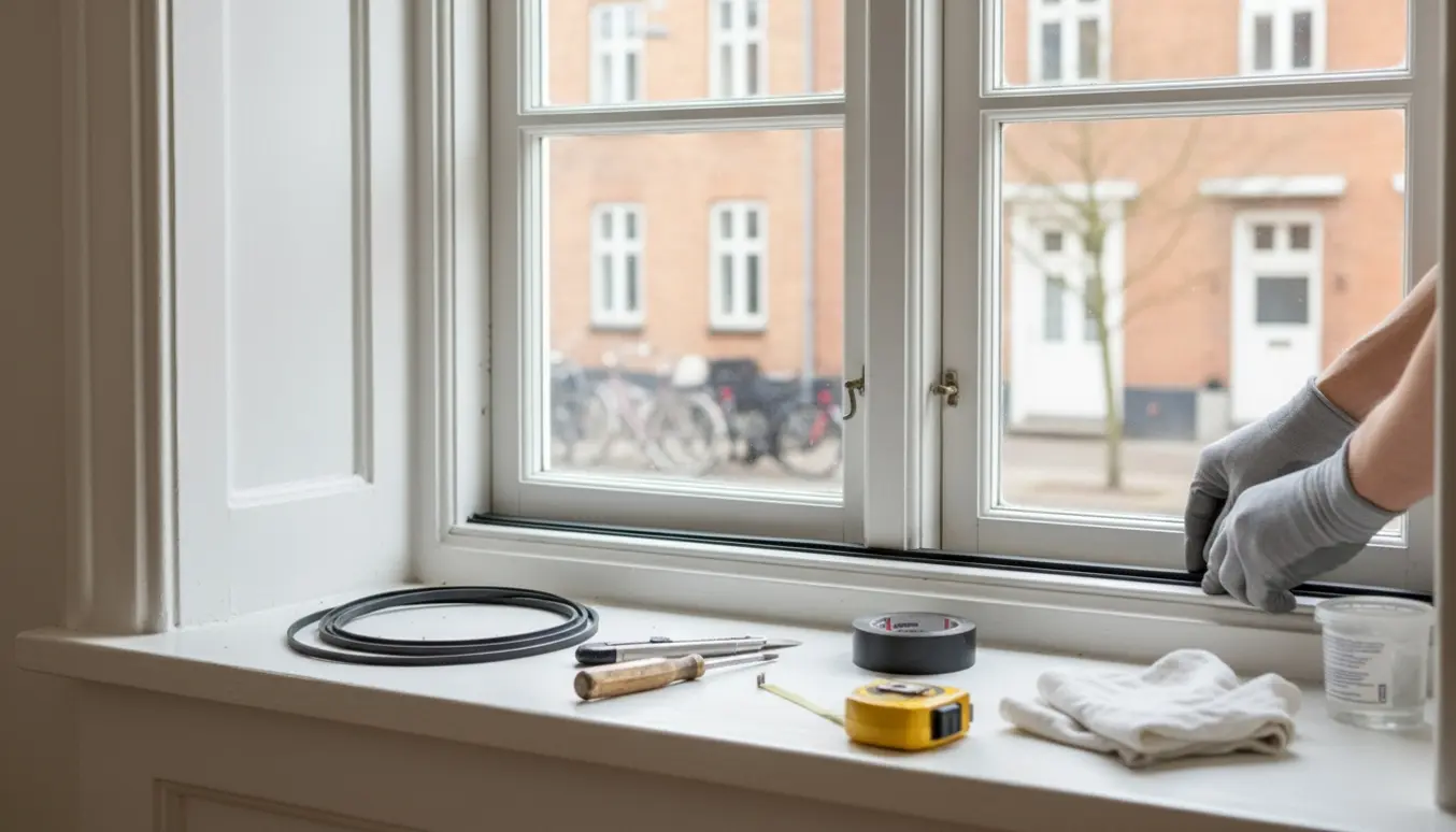 Nærbillede af udskiftning af tætningsliste i et gammelt vindue med værktøj på vindueskarmen.