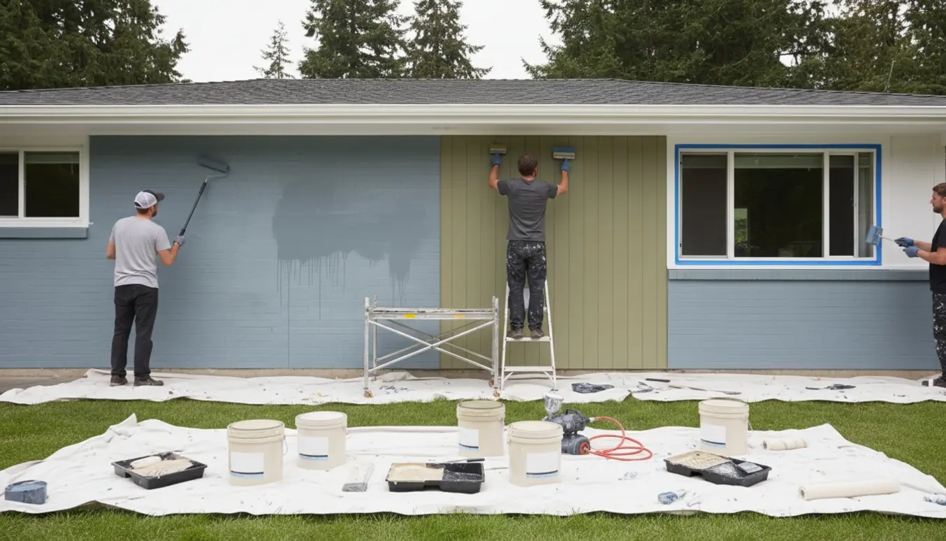 Énplanshus under udvendig maling af murværk, træbeklædning og vinduesrammer.