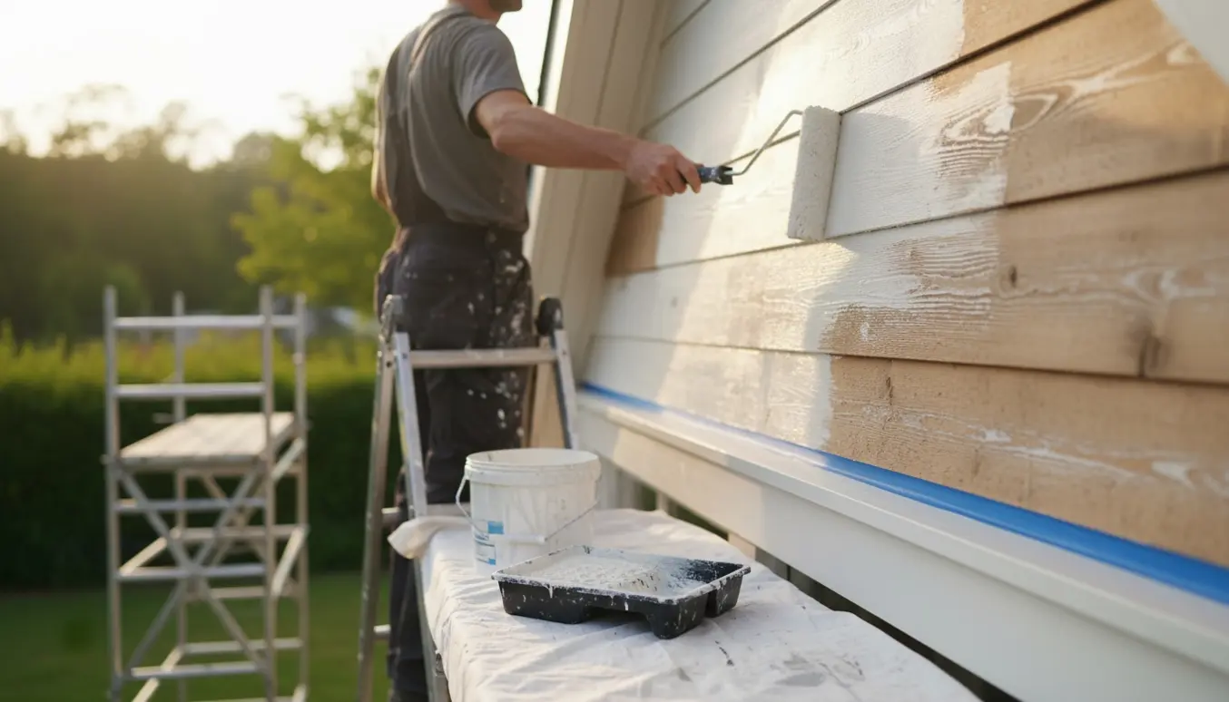 En maler på en stige maler husets trægavl med rulle og spand i blødt eftermiddagslys.