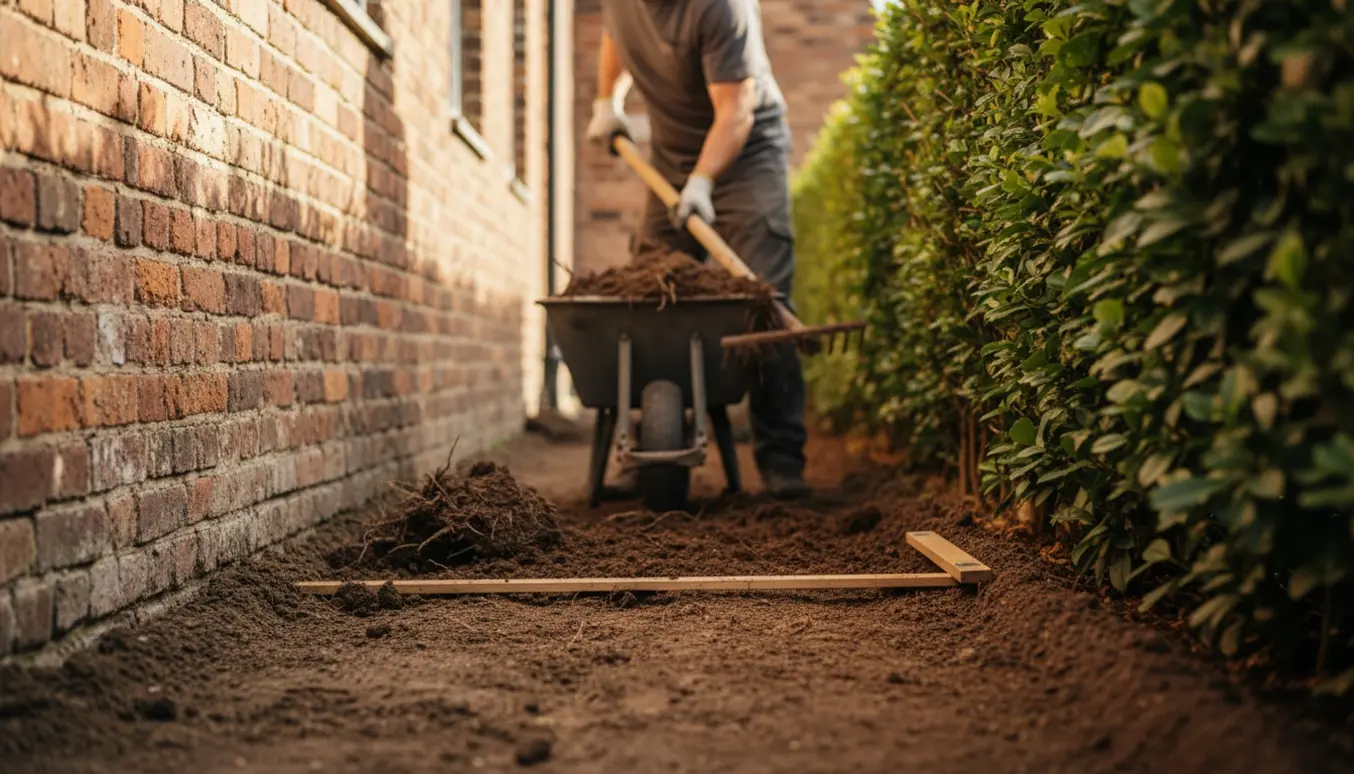 Arbejder fjerner blød, fræset jord i en smal passage mellem hæk og bygning og retter overfladen af.