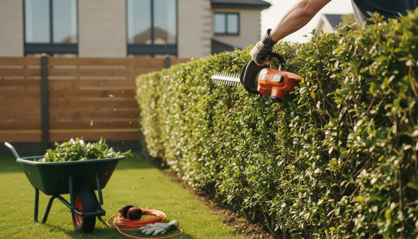 En person klipper en lang hæk langs siden af en 700 m² grund med en hækkeklipper, friske afklip og trillebør i nærheden.