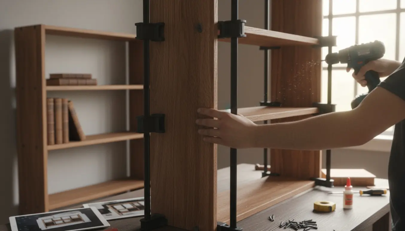 Hænder samler en træbogreol med skruemaskine i et lyst værksted.