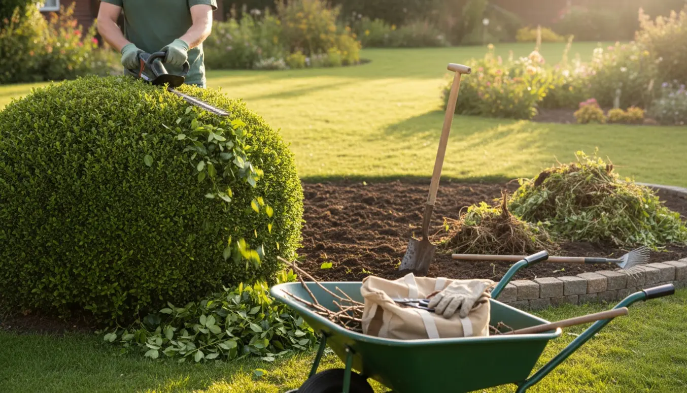 Person klipper hæk ved siden af et nyryddet bed med haveredskaber i en solbelyst have.
