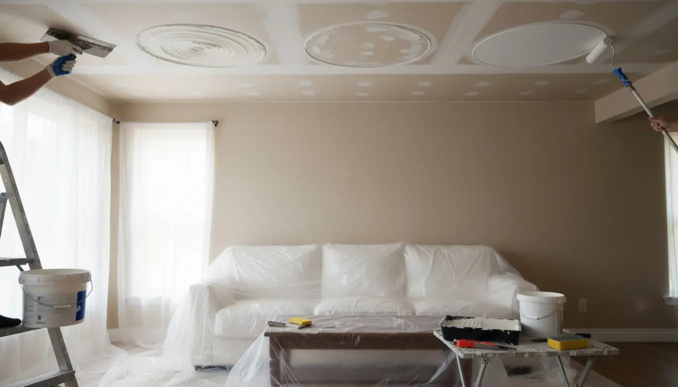 Hænder spartler og maler reparerede pletter på et gipsloft i en stue, møbler dækket af afdækning.