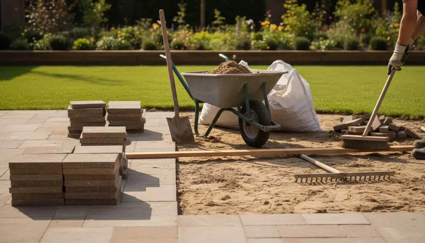 Stablede fliser ved en delvist fjernet stenterrasse med trillebør, skovl og sand klar til bortskaffelse.