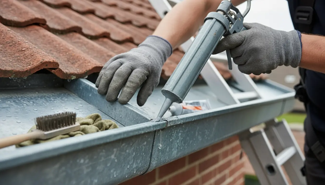 Nærbillede af hænder, der tætner en utæt samling i en zinktagrende med tætningsmasse.