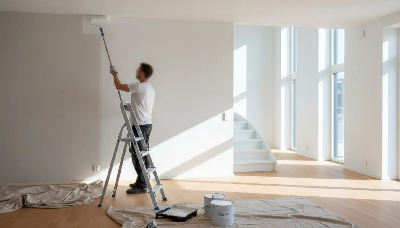 Tom lejlighed med malerudstyr og en maler set bagfra, der ruller hvid glans10-maling på væg og loft.