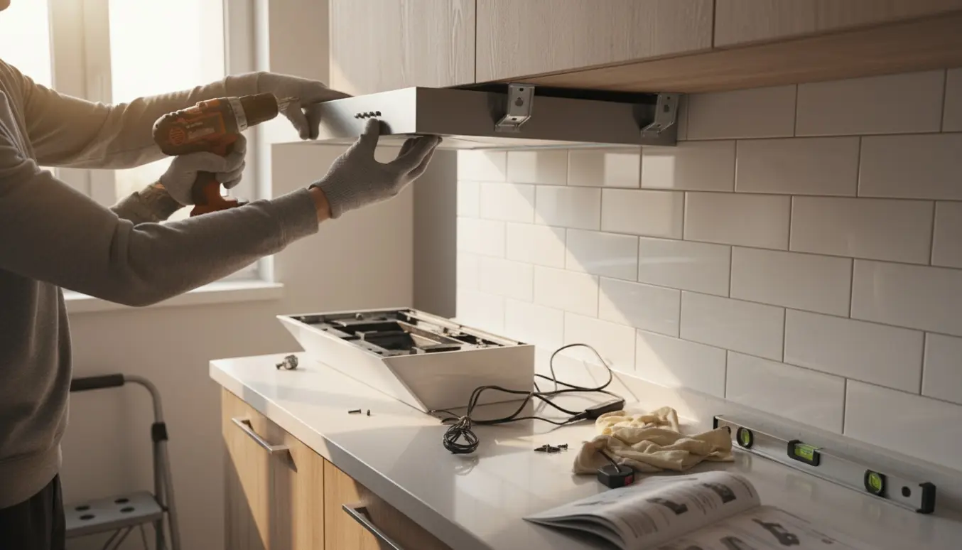 Nærbillede af hænder, der afmonterer en gammel indbygningsemhætte og monterer en ny under et 60 cm bredt køkkenskab.