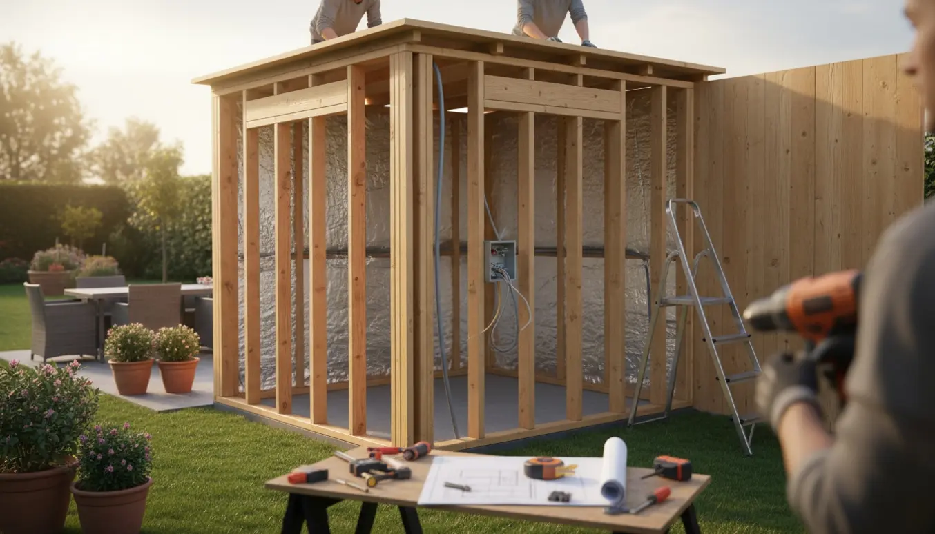 Delvist samlet anneks i haven med værktøj, isolering og elektriske installationer klar til montering.