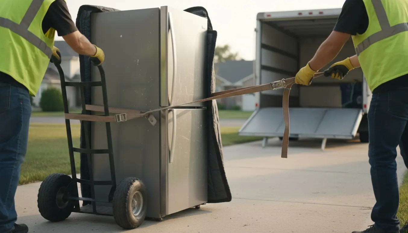 Et køleskab bliver løftet op på en afhentningsbil i indkørslen, klar til bortskaffelse.