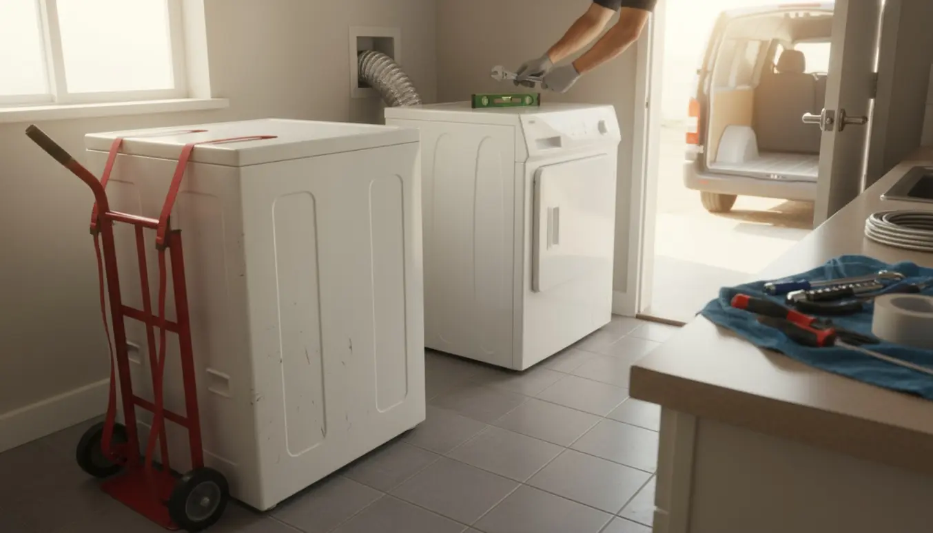 Ny tørretumbler monteres i et lyst vaskerum, mens den gamle står på en trillebør klar til bortkørsel.