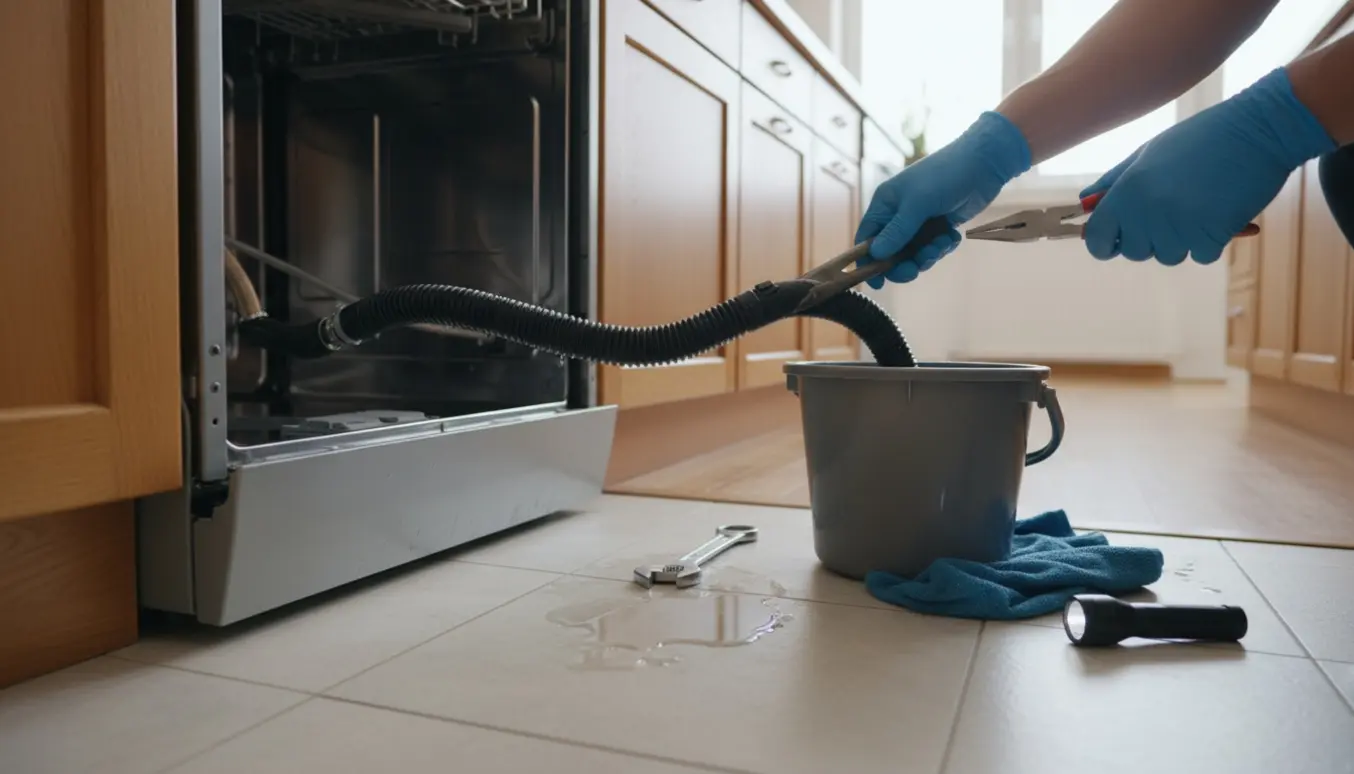 Bagenden af en trukket opvaskemaskine med en bøjet afløbsslange og hænder, der retter den.