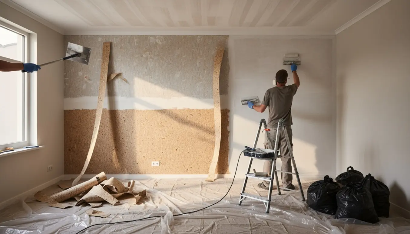 Værelse under renovering med delvist fjernet savsmuldstapet, spartlede pletter og hvid maling på loftet.