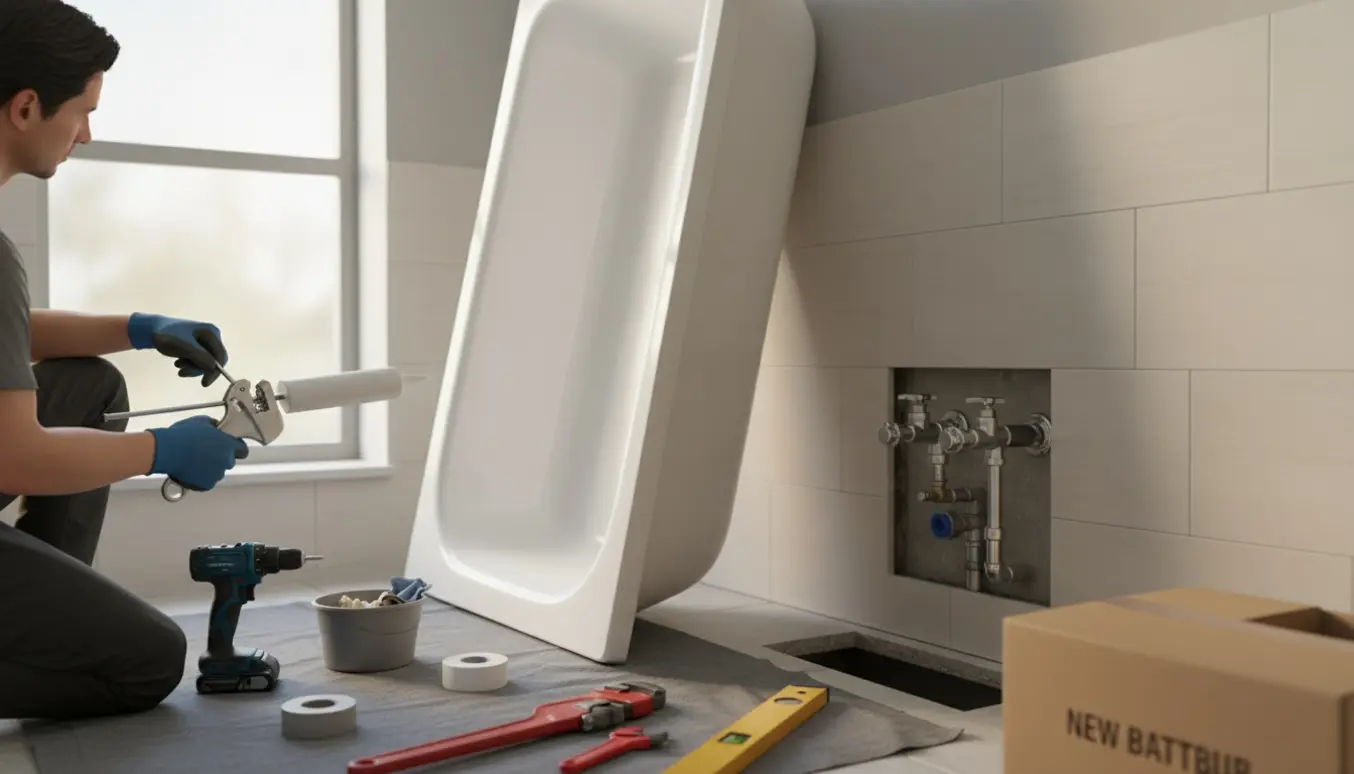 Nyt badekar klar til montering i lyst badeværelse under renovering med værktøj og synlige rør.