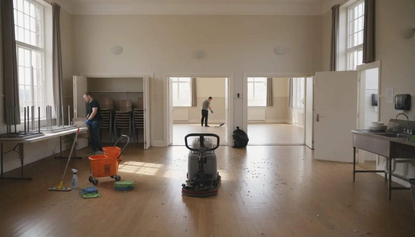 Rengøring af forsamlingshus efter fest med gulvvaskemaskine, stabler af borde og oprydning uden tydelige ansigter.