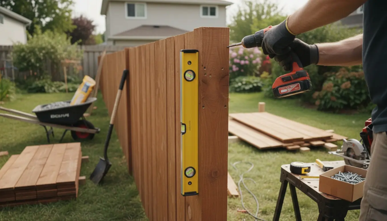 Nærbillede af udskiftning af træhegn i have med værktøj og arbejdshænder, nyt hegn og stablede paneler.