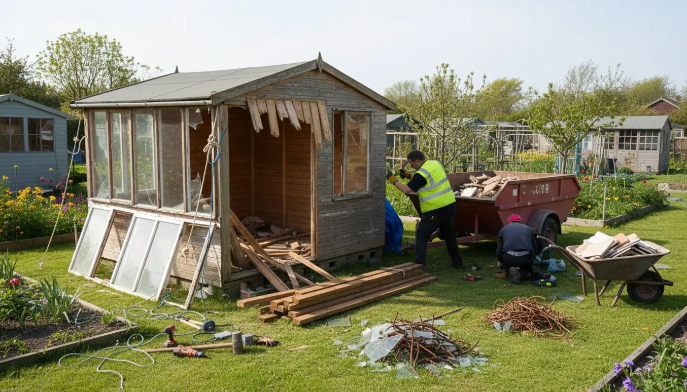Nedrivning af et lille kolonihavehus og udestue med affaldscontainer og sortering af byggematerialer.