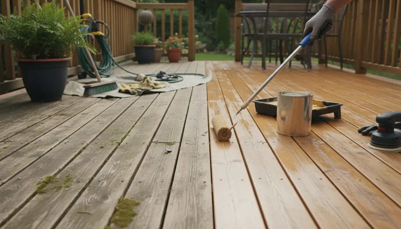 Halvdelen af en træterrasse er renset og nymalet, med maleudstyr og arbejdshænder synlige.