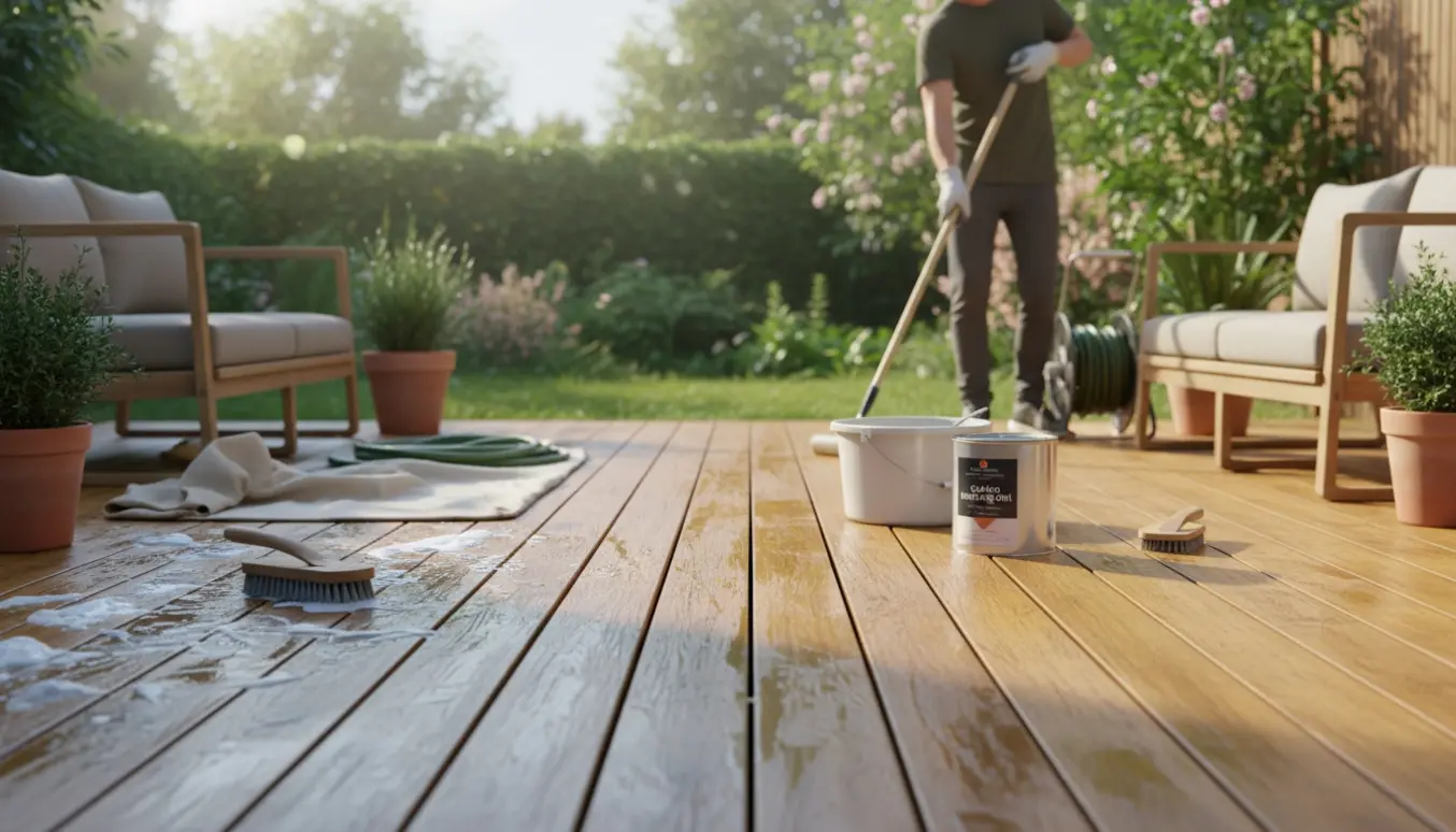 Bambus træterrasse hvor en person vasker og påfører træolie med en rulle, den ene side ren og den anden snavset.