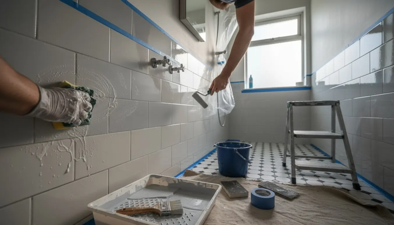 Hænder maler fliser i et smalt, lyst badeværelse med rulle, afdækningsdug og maleudstyr.